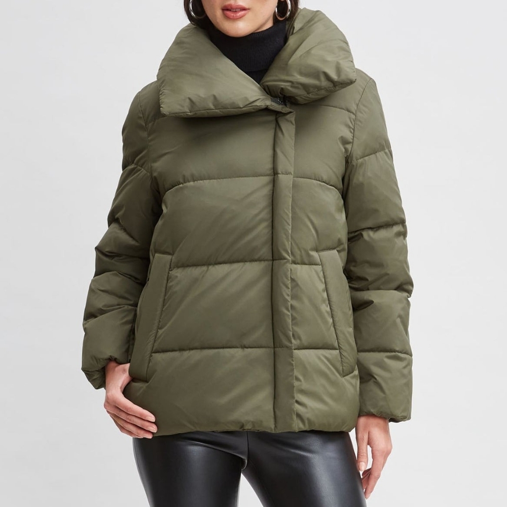 Elie Tahari Asymmetric Short Puffer Coat Olive Green Size Small